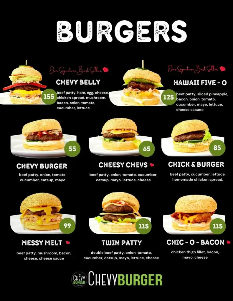 Chevy Burger Menu with Prices