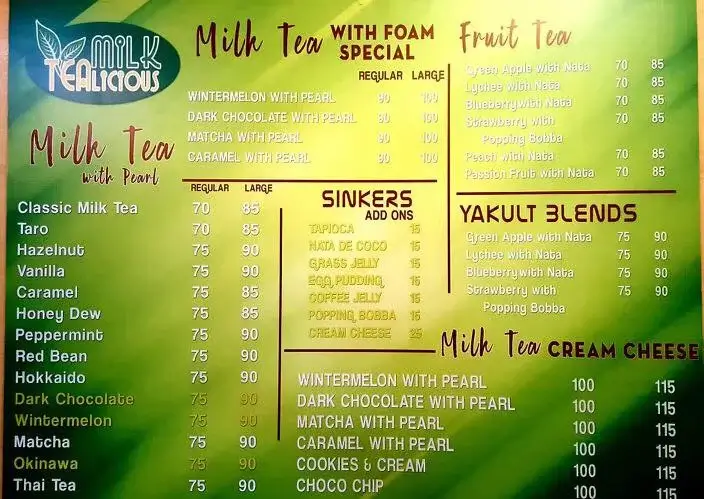 Milk Tealicious Menu with Prices
