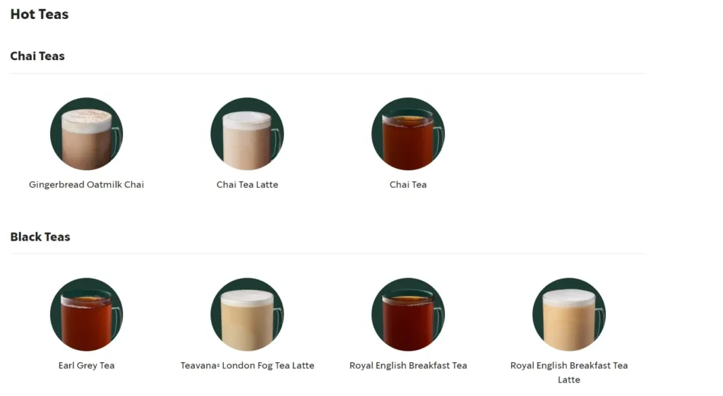 Starbucks Hot Tea Menu with Prices