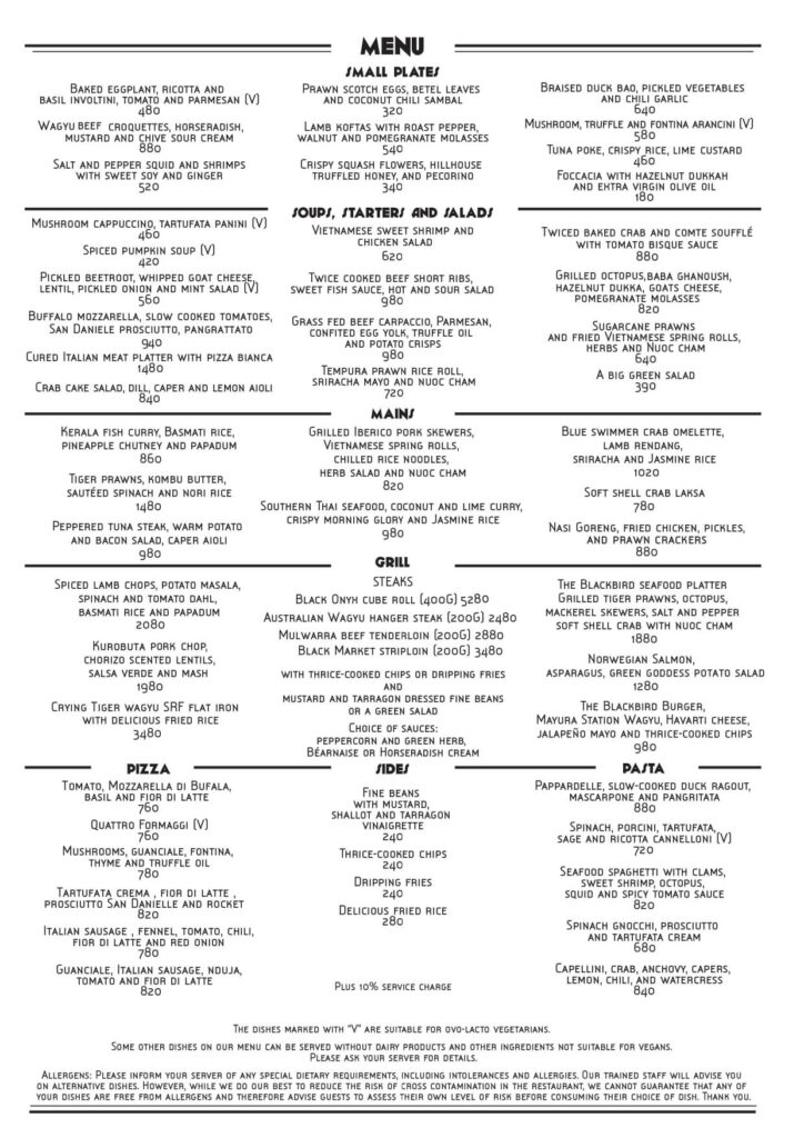 Blackbird Philippines Menu Prices