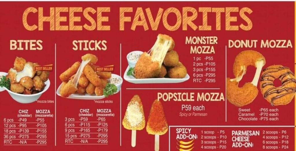 Cheese favorites, bites, sticks and furthermore, a menu of Chizmozza philippines.