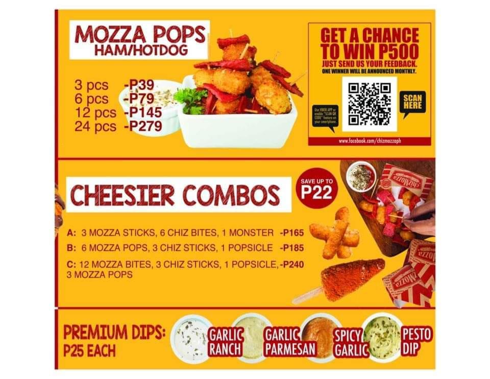 Mozza pops hotdogs. cheester combos,  a menu of Chizmozza philippines.