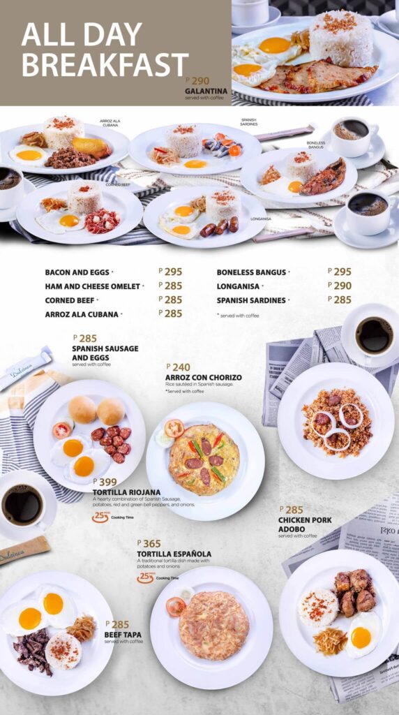 All day breakfast with all dishes, a menu of Dulcinea Philippines resturant.