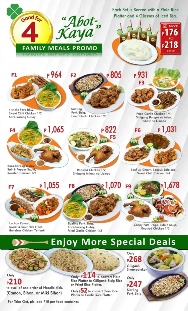 Giligan’s All Time Favorites Menu with Prices