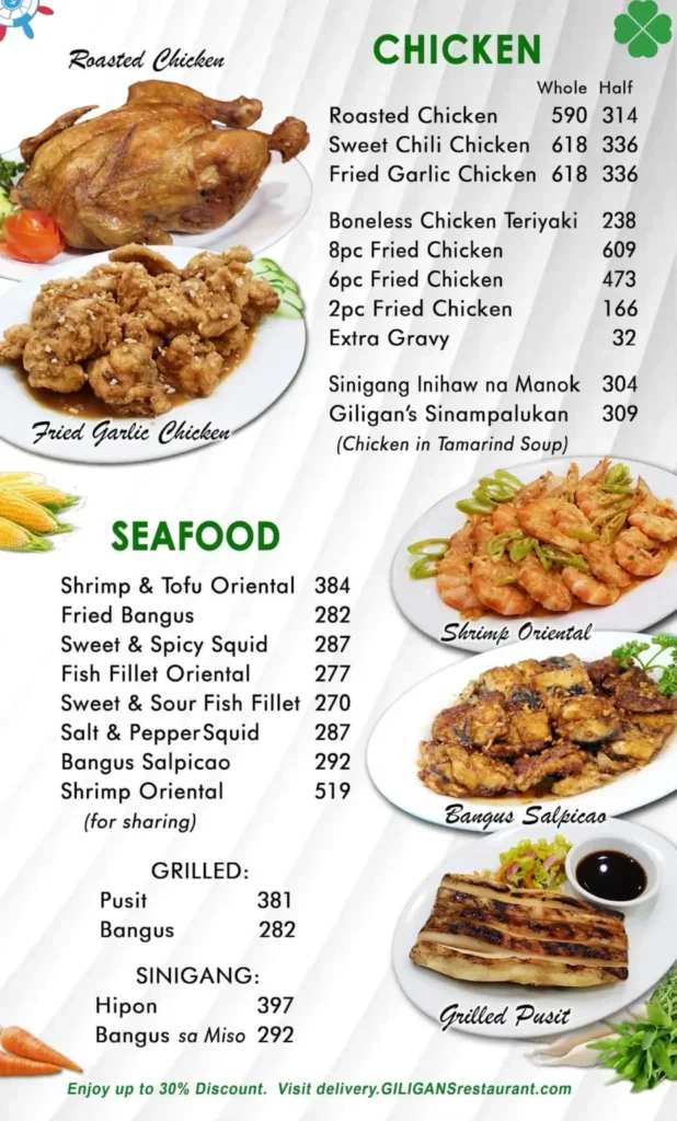 Giligan’s Chicken, Beef & Seafood Menu with Prices