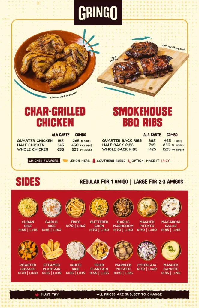 Grilled chicken, smokehouse bb ribs, a menu of gringo philippines resturant.