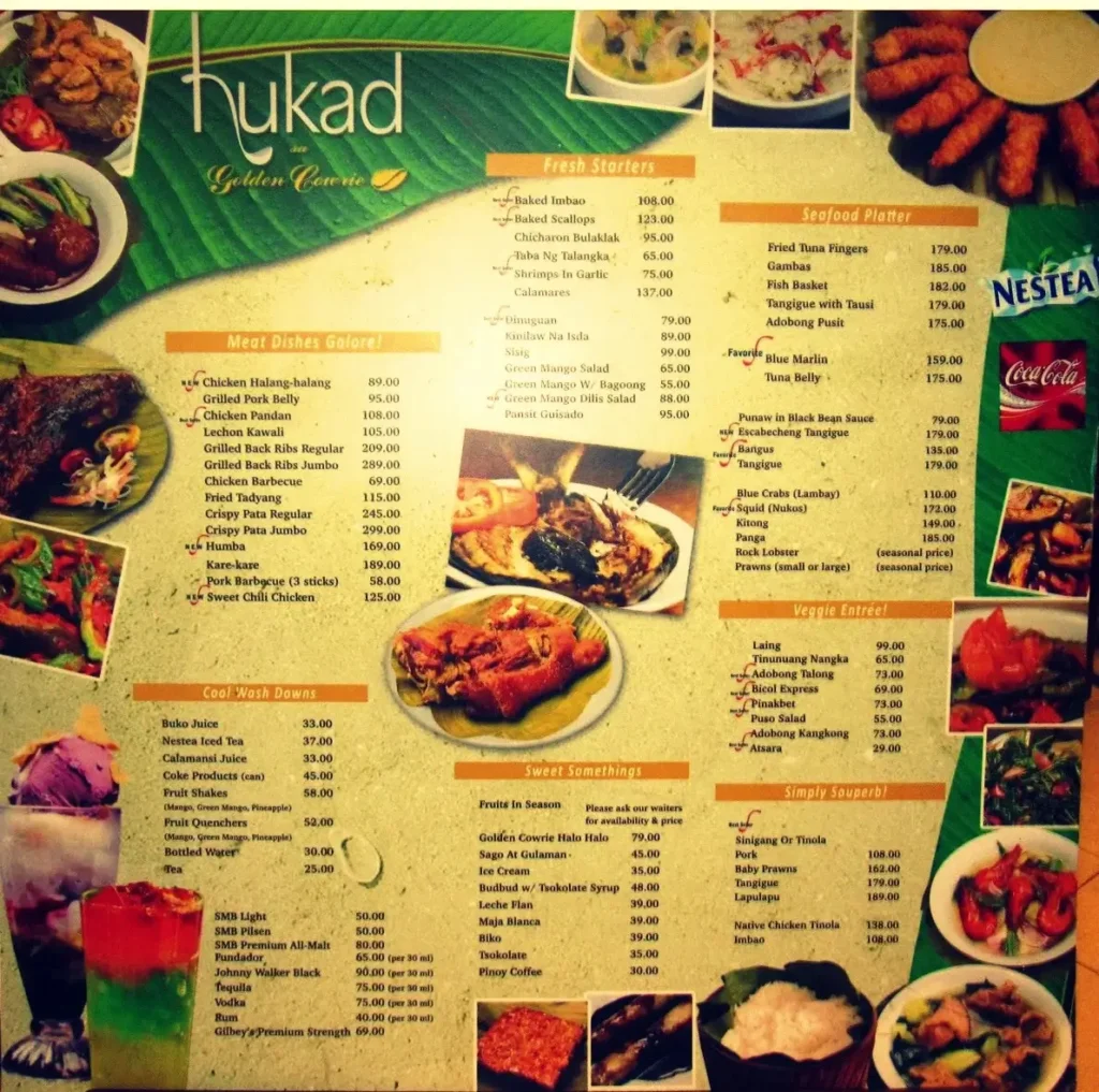 Meat dishes, salads, starter and furthermore, a menu of Hukad Philippines resturant.