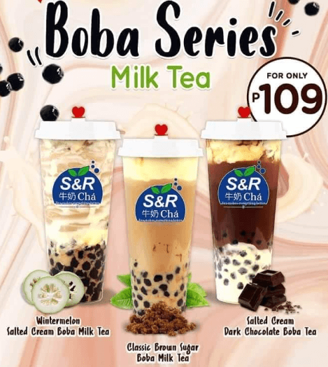 Three cup of milktea in baba series, a menu of S & R Philippines resturant.