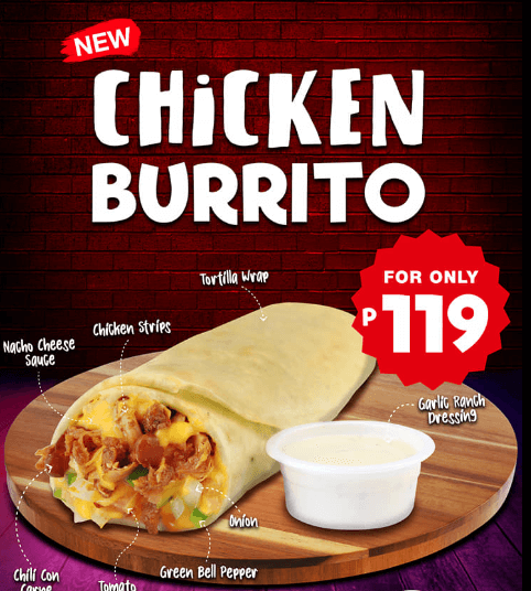 Chicken burrito, a menu of S & R Philippines resturant.