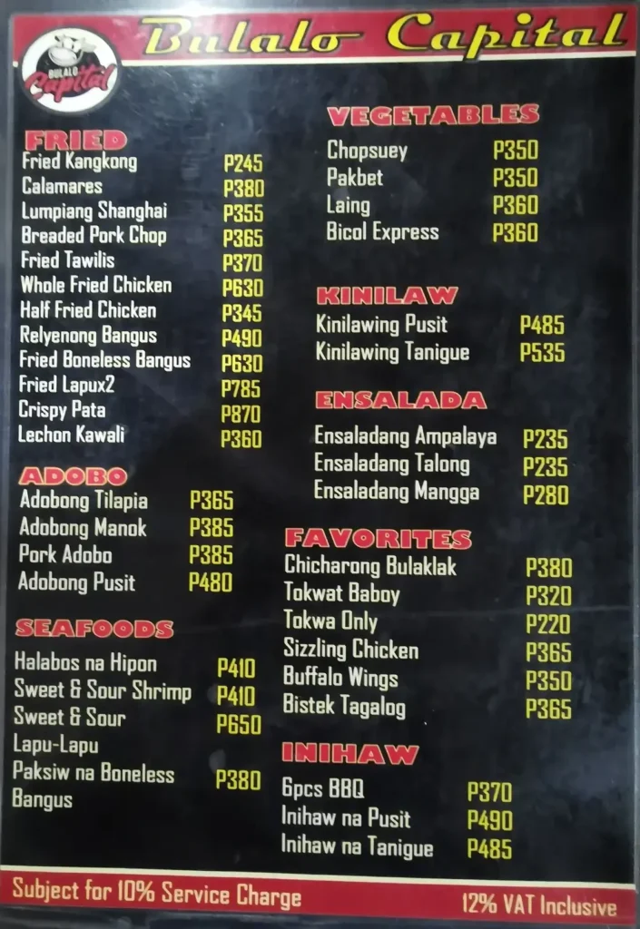 Fried, vegetables and furthermore, a menu of Bulalo Capital Philippines resturant.