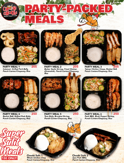 Party meal food with menu prices, a menu of Choobi Choobi Philippines resturant.