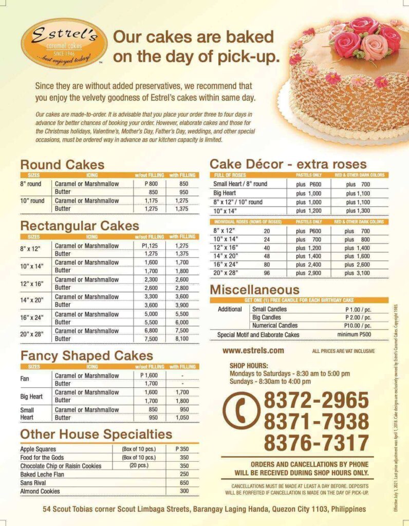 Round cake, cake decor and furthermore of cake varities, a menu of Estrel’s Philippines resturant. 