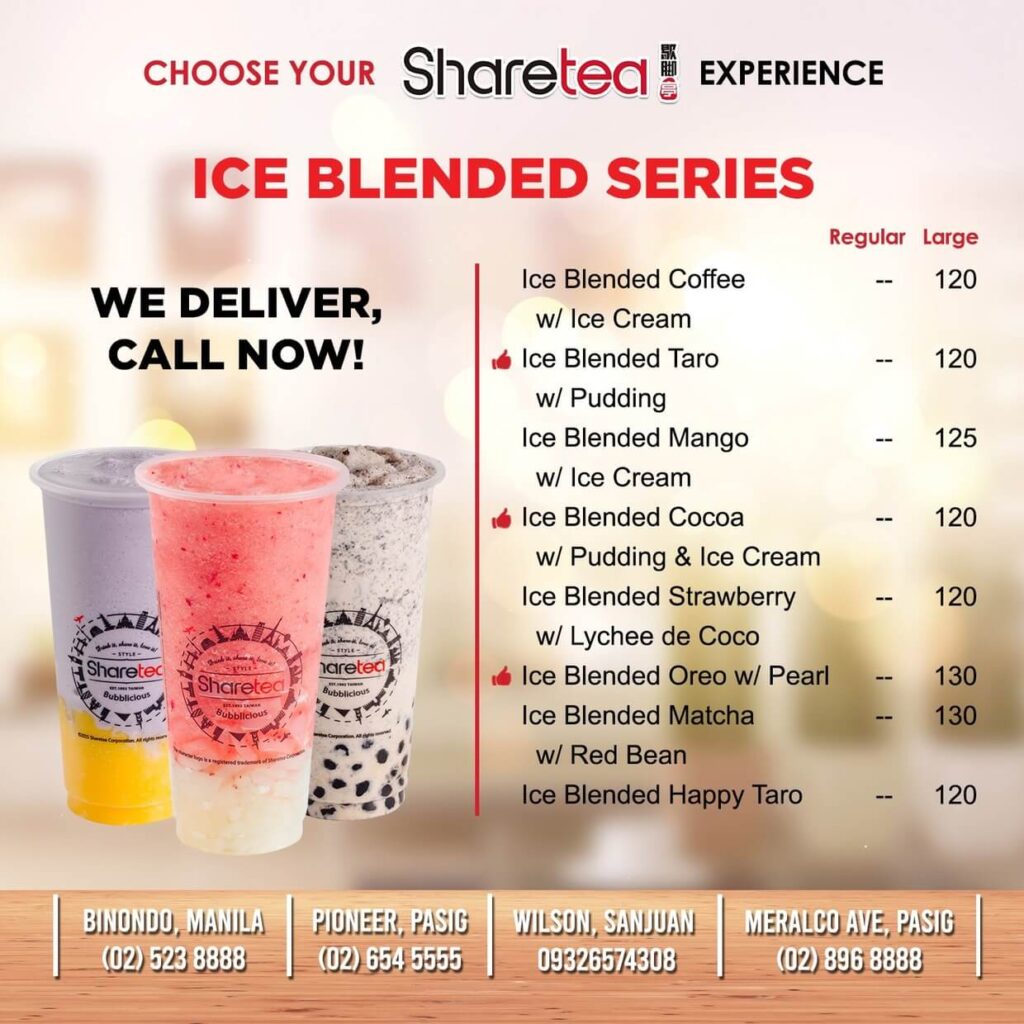 Ice-Blended with all flavors, a menu of Sharetea Philippines resturant.
