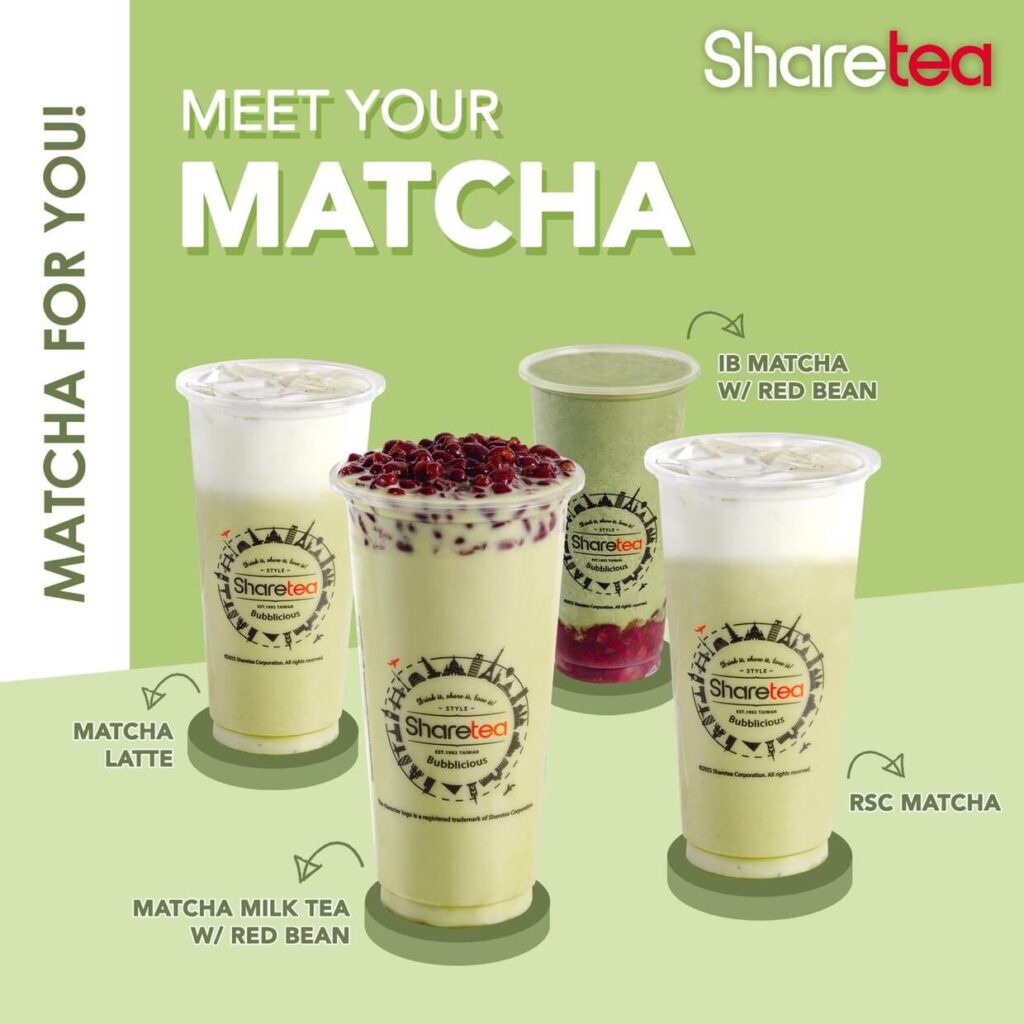 Four cup of matcha coffee with latte andf rsc matcha flavor, a menu of Sharetea Philippines resturant.