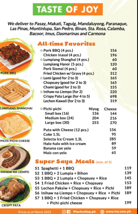 Taste of Joy All Time Favorites Menu Prices