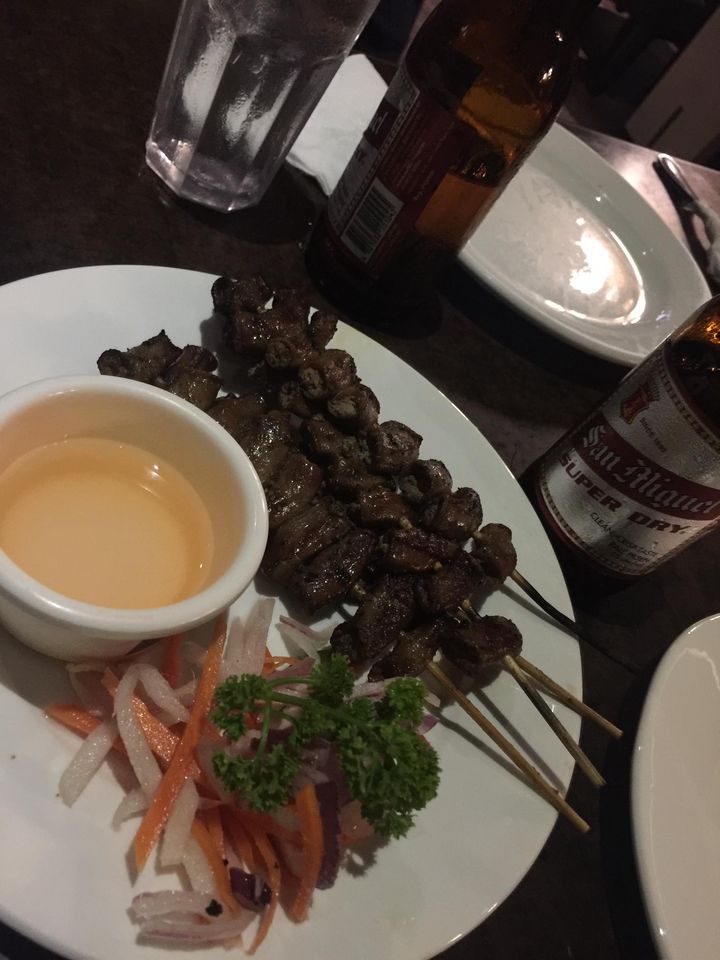 Beef kebab with drinks, a menu of Whistlestop Philippines resturant.