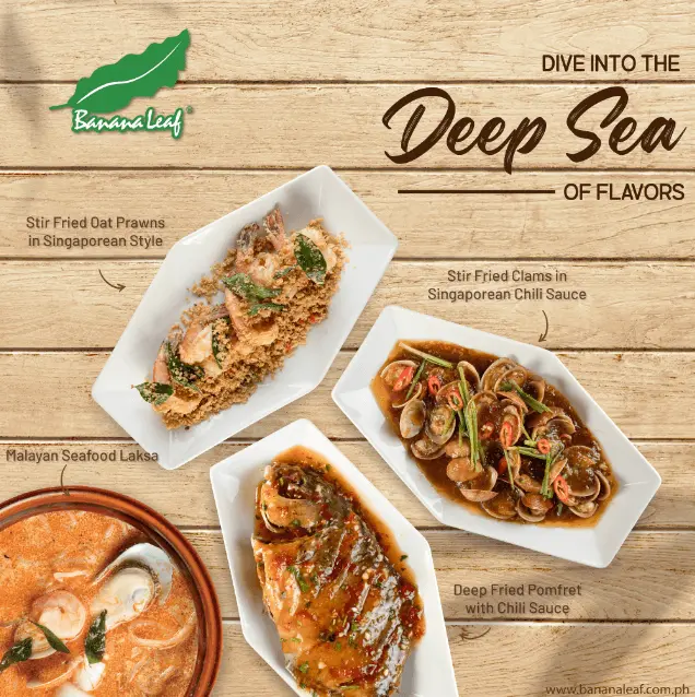 Stir-fried clams in Singaporean Chili Sauce, Deep Fried Pomfret,  a menu of Banana Leaf Philippines resturant.