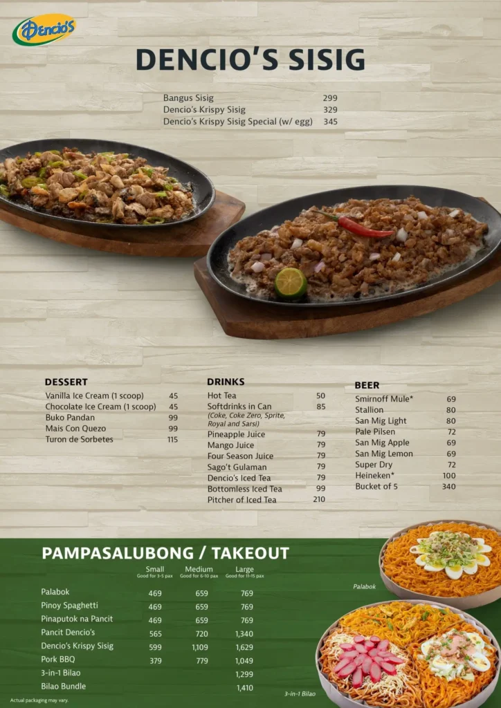 Sisig menu with all flavors, desserts beer,  a menu of denncios philippines resturant.