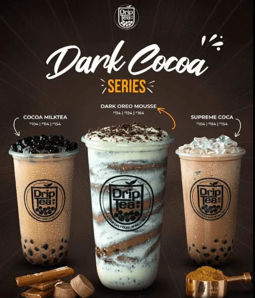 Dark cocoa with cocoa milktea, dark oreo mousse and supreme coca, a menu of Drip Tea Philippines resturant.