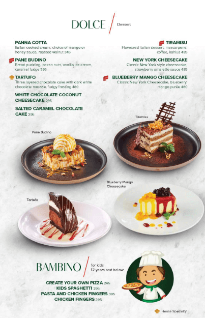 Desserts with cakes and dolce, a menu of Italiannis Philippines resturant.