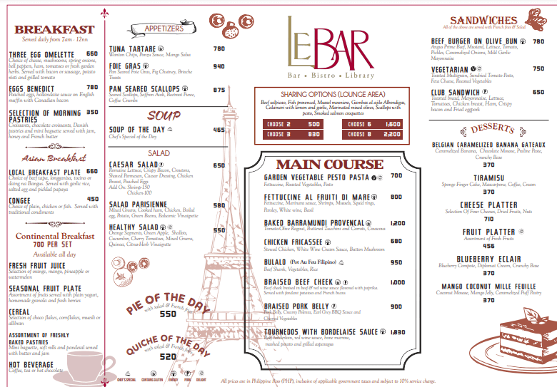 Breakfast, sandwiches, soup and furthermore, a menu of Le bar Philippines resturant.