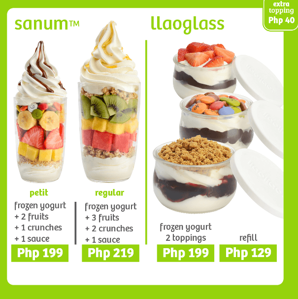 Sanum and llaoglass, a menu of Llaollao Philippines resturant.