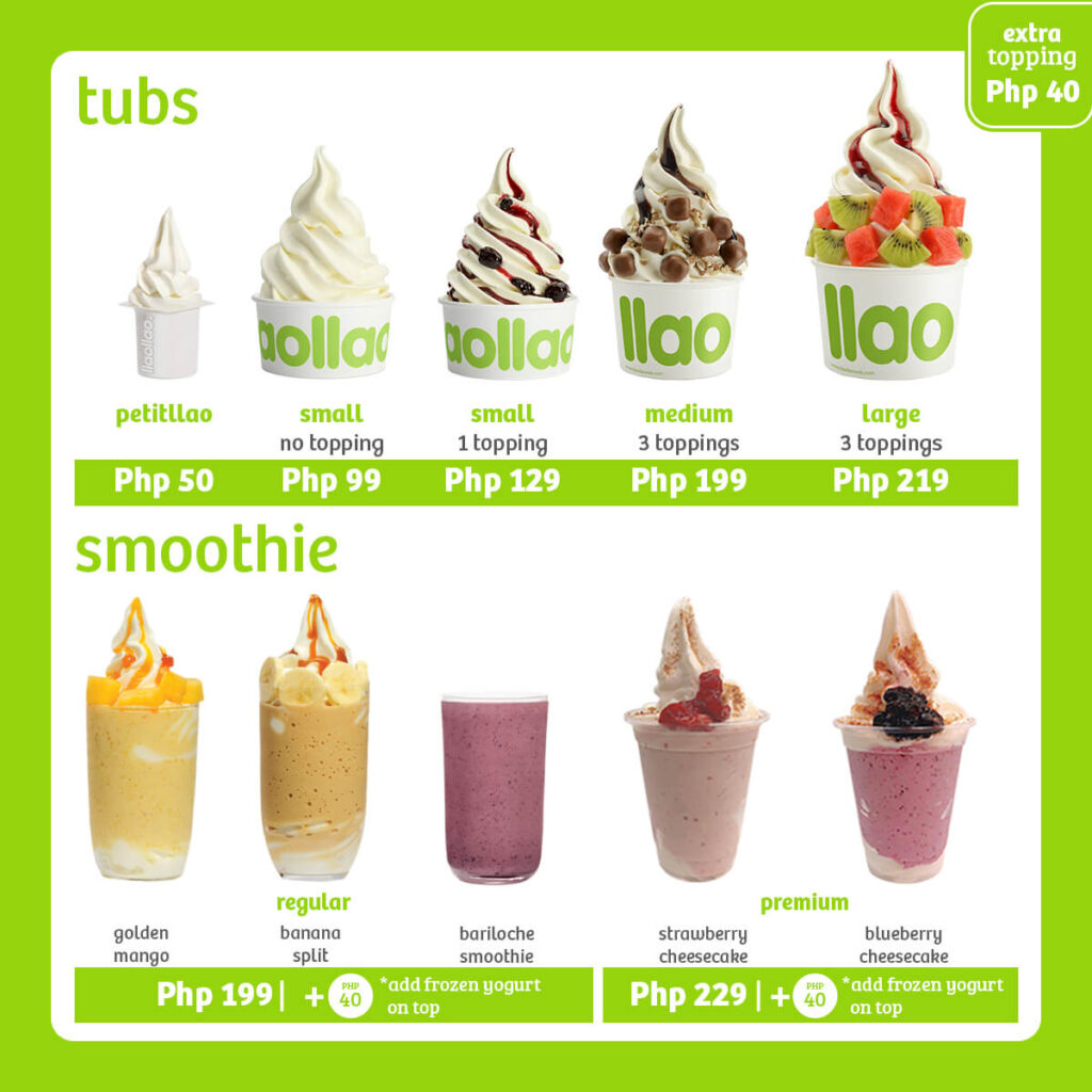 Smoothies, ice cream and furthermore, a menu of Llaollao Philippines resturant.