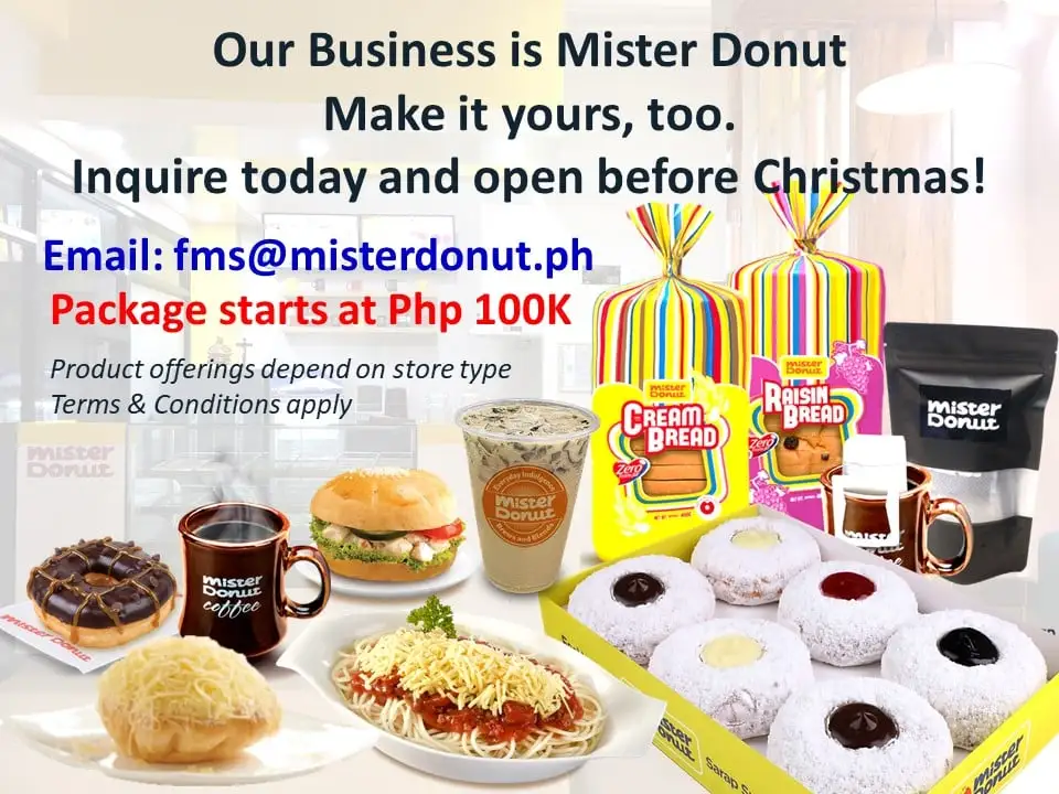 Breads, donuts, coffee and other goods of bakery,  a menu of mister donut philippines resturant.