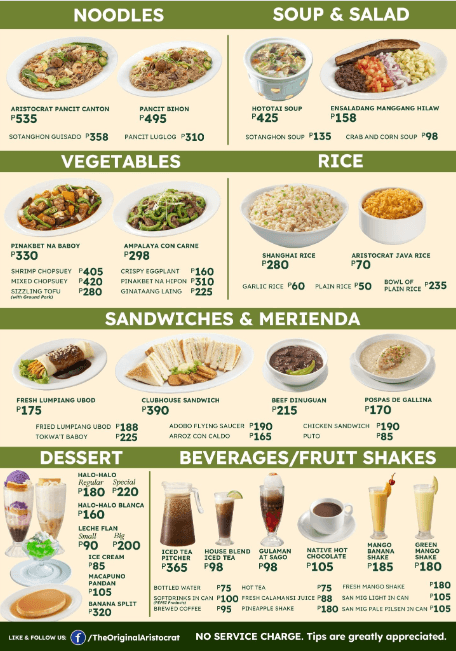 The Aristocrat Philippines Menu Prices