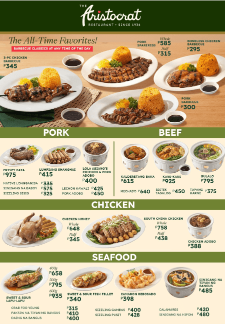 The Aristocrat Philippines Menu Prices