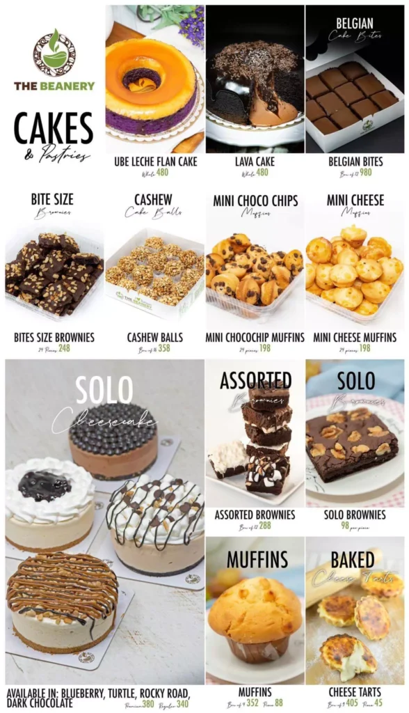 Cakes, muffins, brownies and many others sweet cakes, a menu of Beanery Philippines resturant.