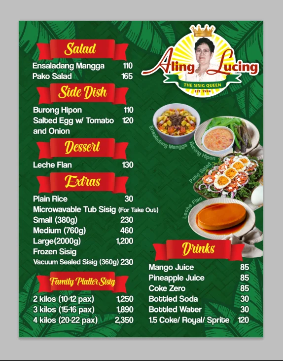 Salads, side dish, desserts, extras and furthermore, a menu of aling lucing philippines resturant.