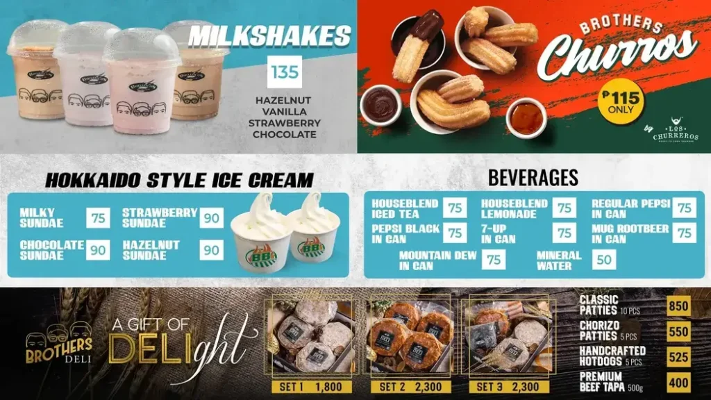 Milkshakes, beverages and furthermore, a menu of brothers burger philippines resturant.