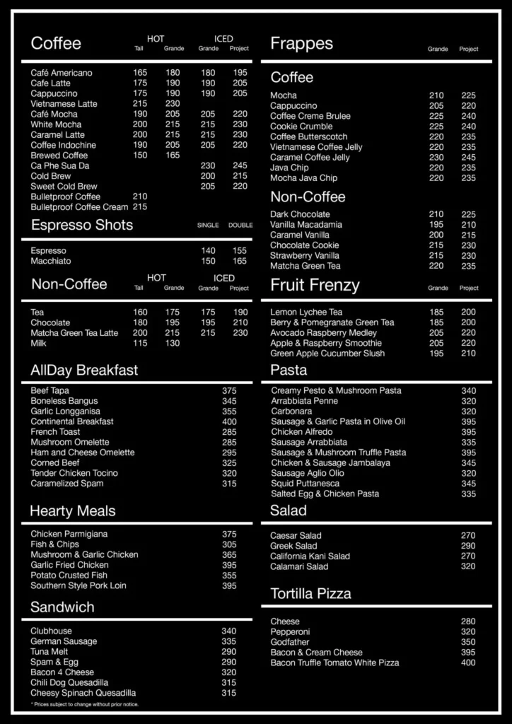 Coffee, Frappes, Espresso shots and furthermore, a menu of coffee project philippines resturant.