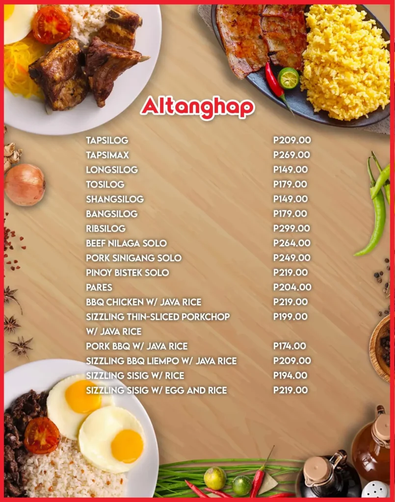 Rice, chicken, egg and furthermore, a menu of Goodah philippines resturant.