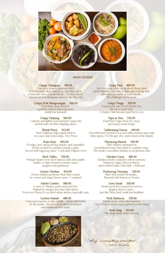 Main dishes food, a menu of kanin club philippines resturant.