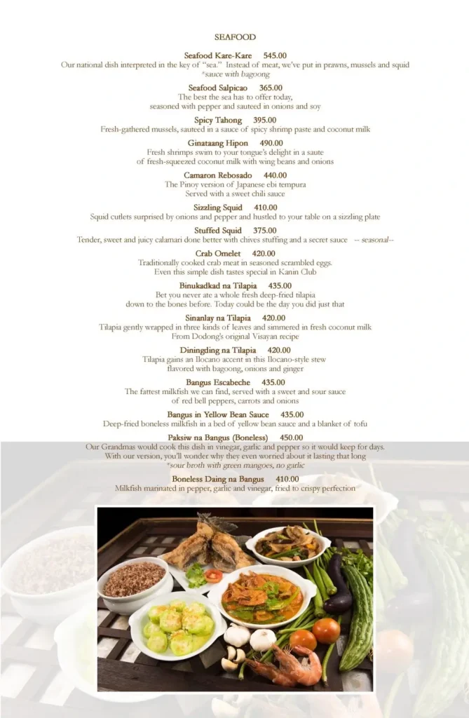 Seafood all dishes, a menu of kanin club philippines resturant.