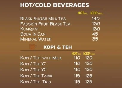 Hot cold beverages, kopi teh,  a menu of kopi roti philippines resturant.