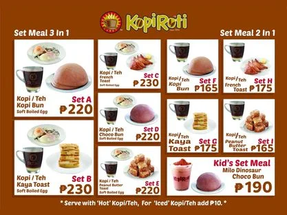 Kopi teh, bun, kids set meal and furthermore, a menu of kopi roti philippines resturant.