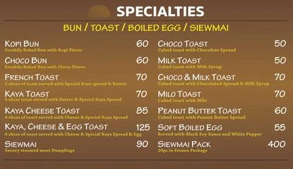 Bun, toast, eggs , and furthermore,  a menu of kopi roti philippines resturant.