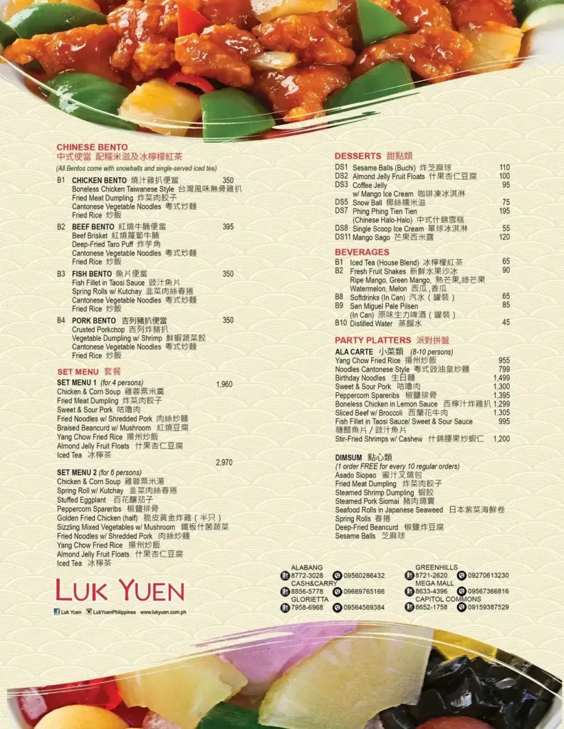 Chicken bento, beef bento, desserts and furthermore, a menu of Luk Yuen Philippines resturant.