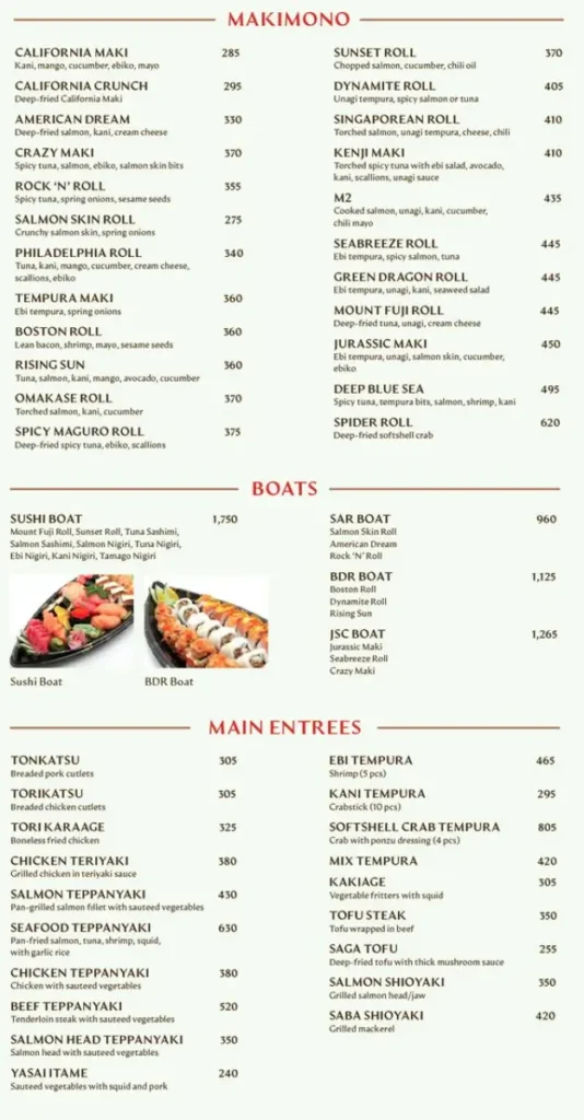 Makimono, boats and main entrees, a menu of omakase philippines resturant.