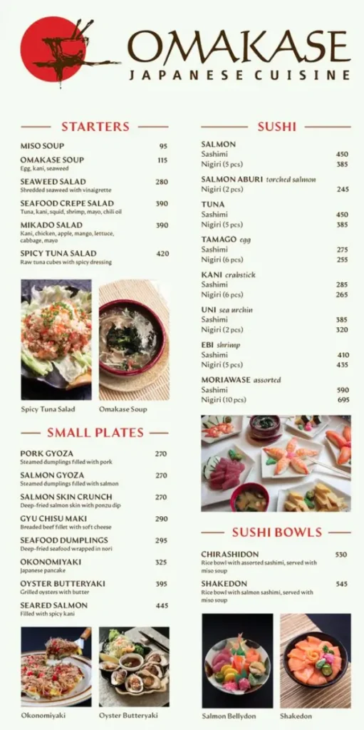 Starters, Sushi, Small plates and sushi bowls, a menu of omakase philippines resturant.