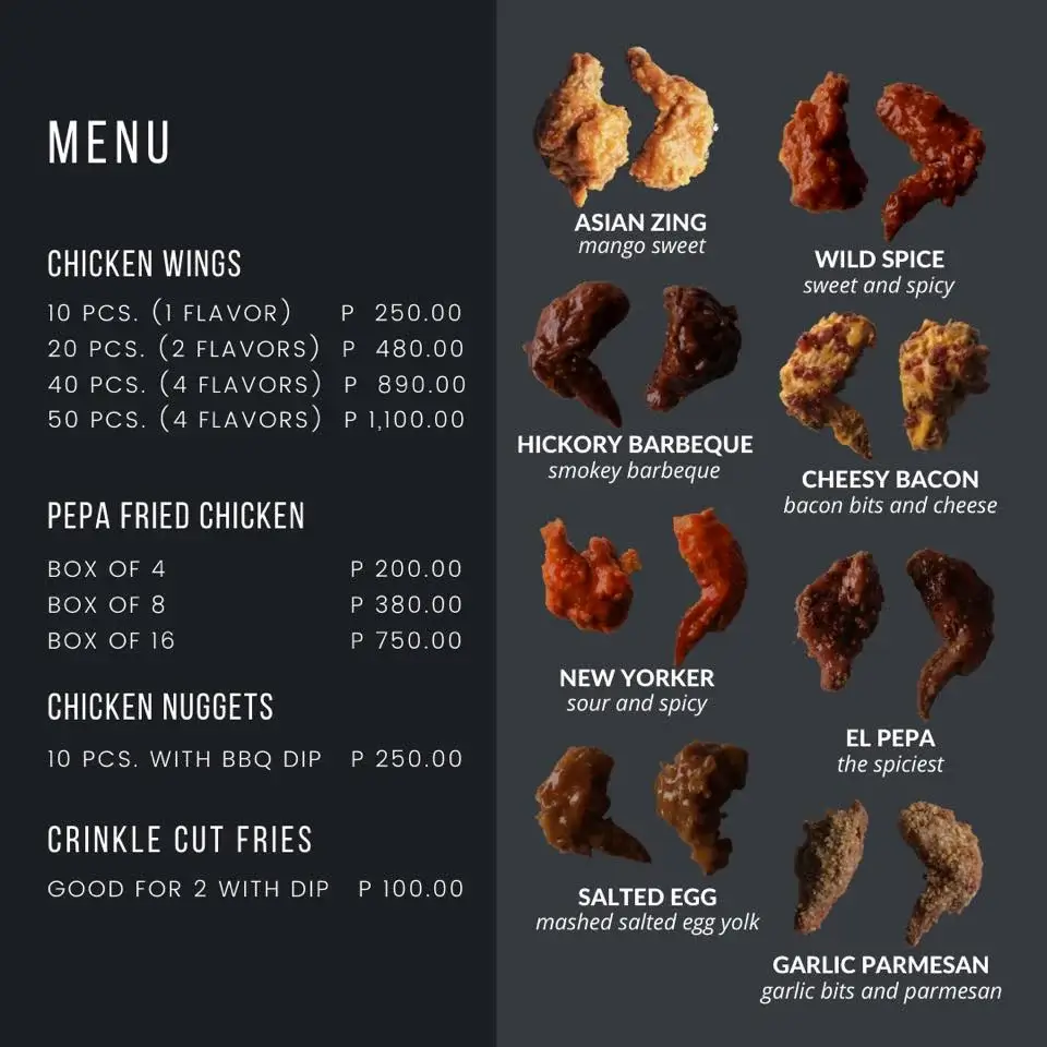 Chicken wings, Papa fried chicken nuggets and furthermore, a menu of pepa wings philippines resturant.