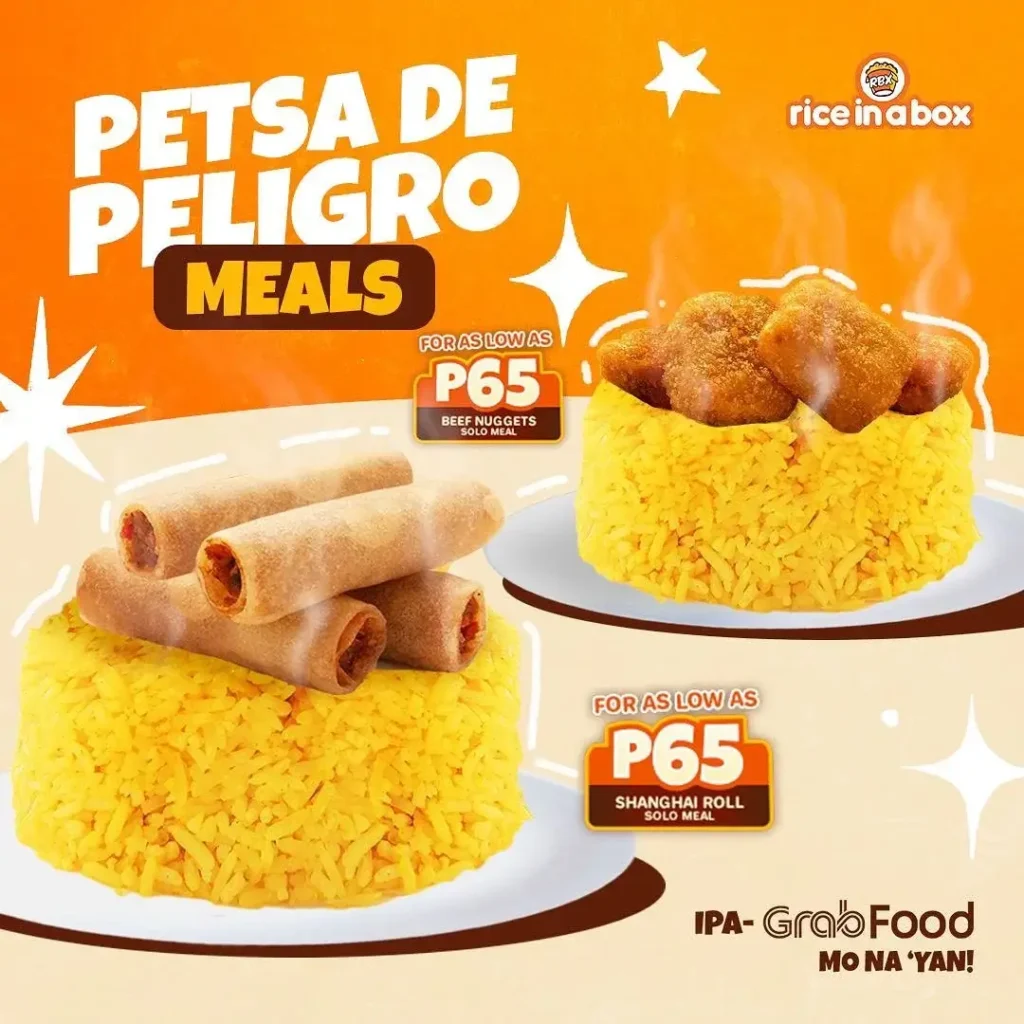 Meals, beef nuggets and furthermore, a menu of rice in a box philippines resturant.