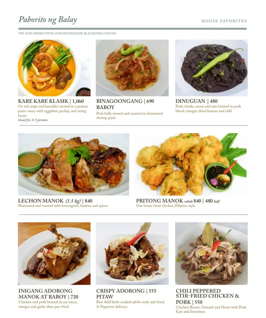 House Favorites Dishes, a menu of Balay Dako Philippines resturant.