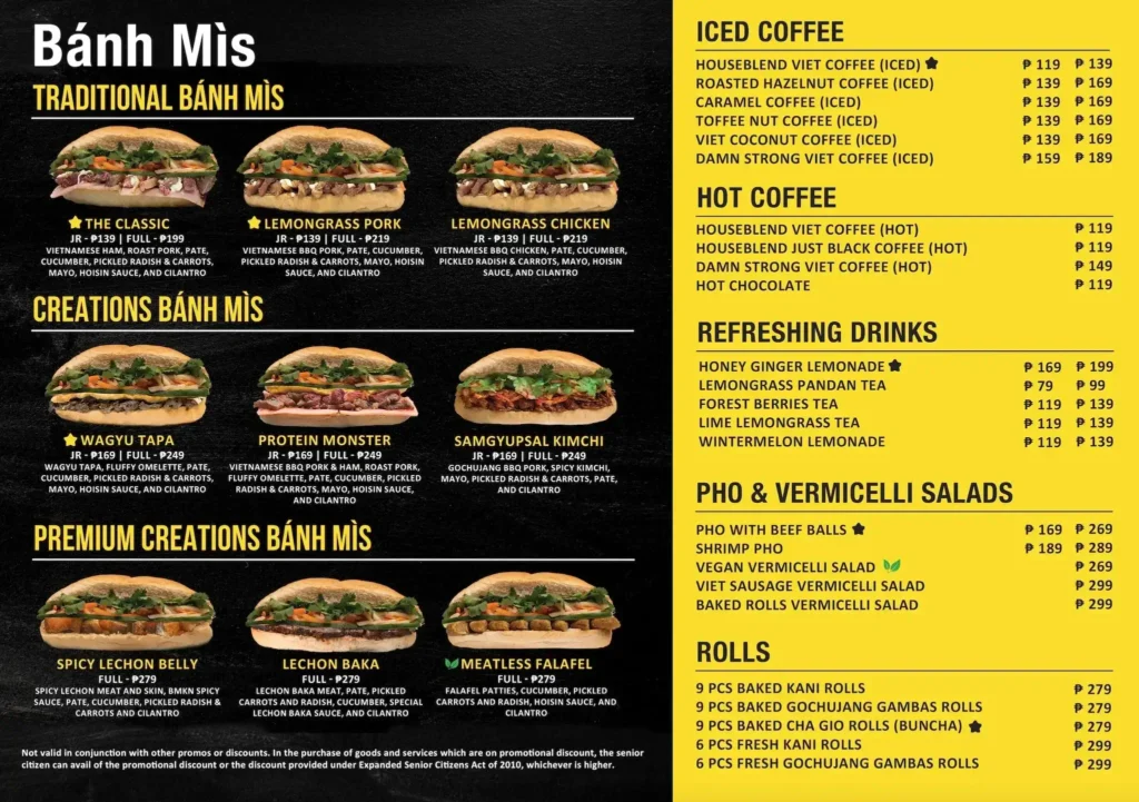 Burgers, Rolls, Drinks, Hot coffee and furthermore, a menu of Banh Mi Philippines resturant. 