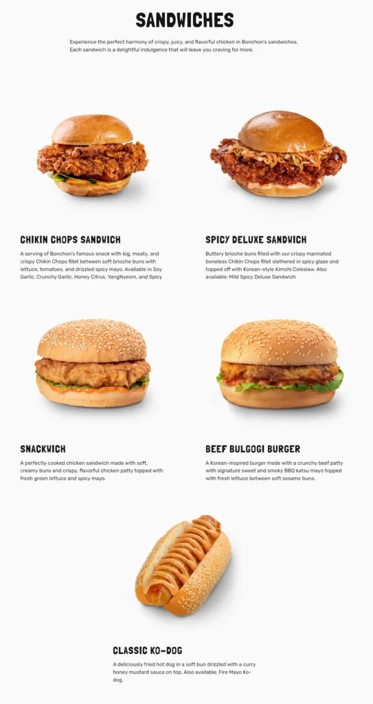 Bonchon Sandwiches, a menu of Bonchon Philippines resturant.