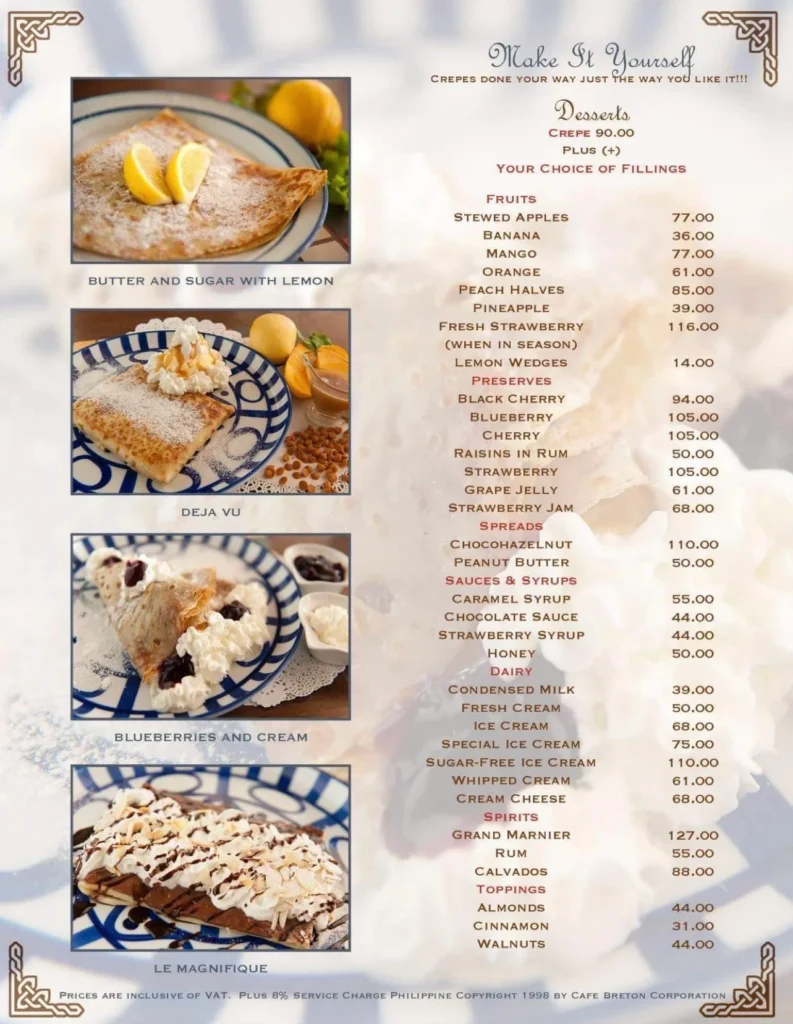 Cafe Breton Dessert Crepe Menu