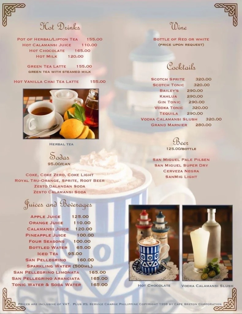 Drinks and furthermore, a menu of Cafe Breton Philippines resturant.